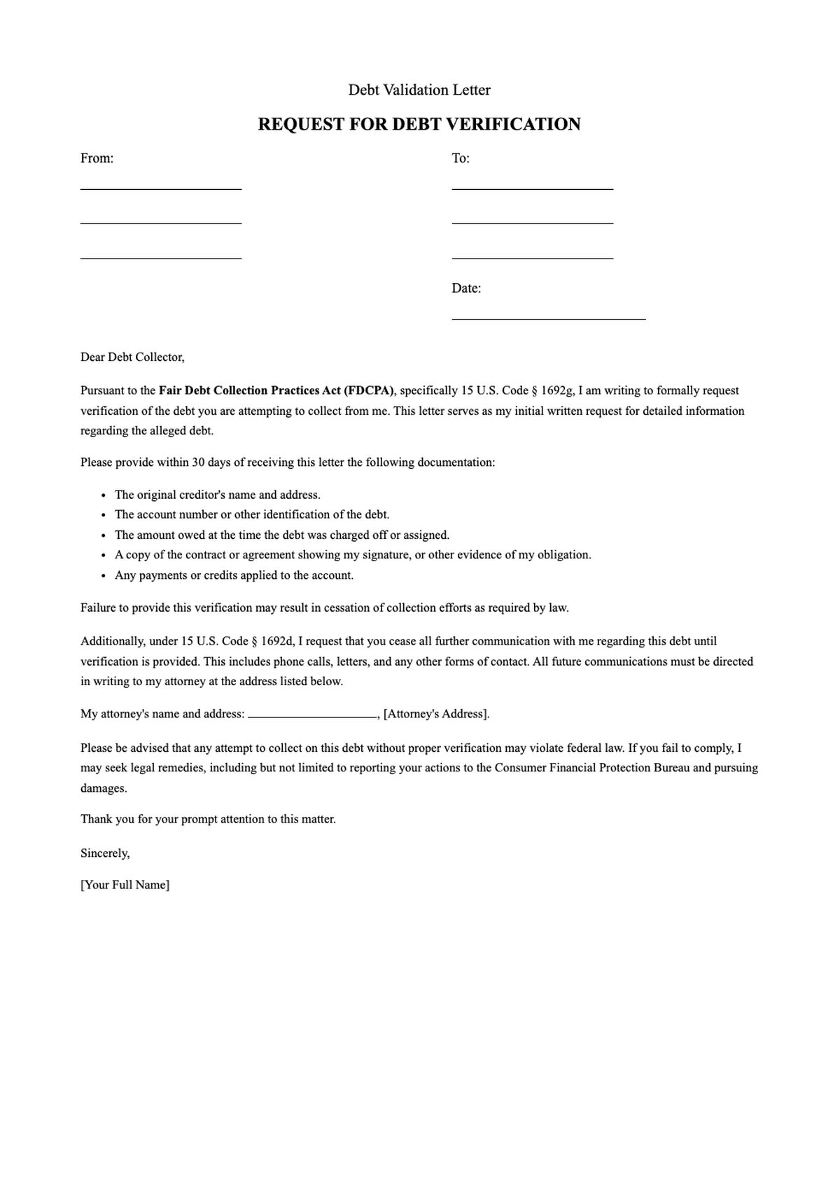 Sample debt validation letter requesting verification under US Code 1692g_variant_2